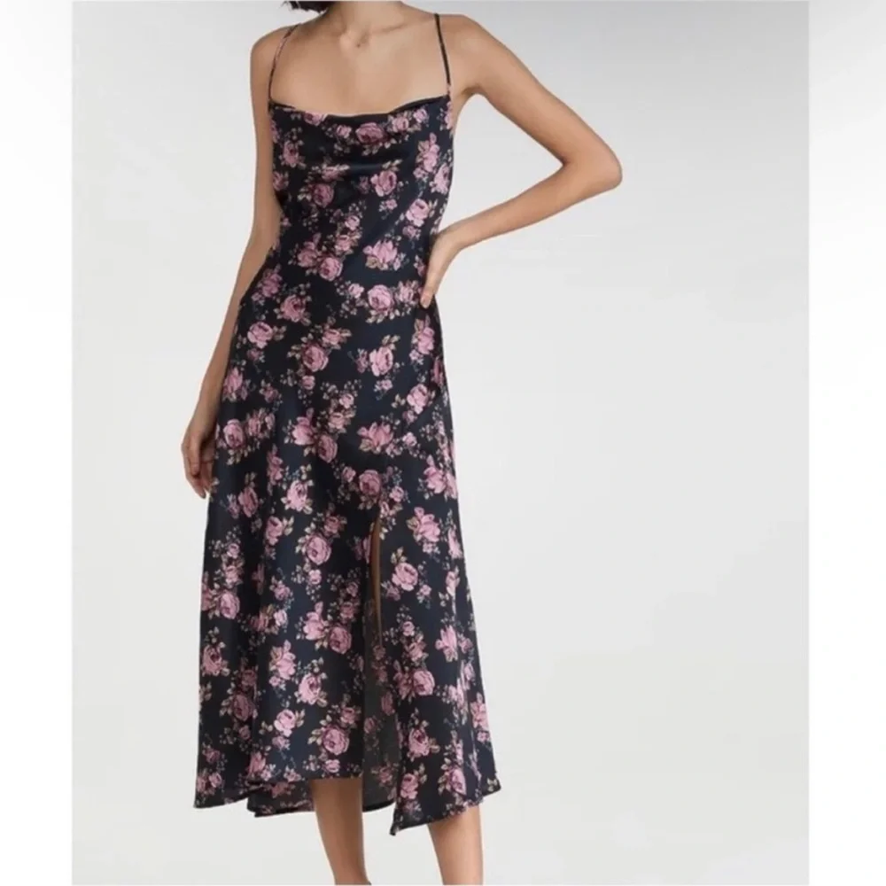 Astr the Label Gaia Navy Floral Satin Midi Dress